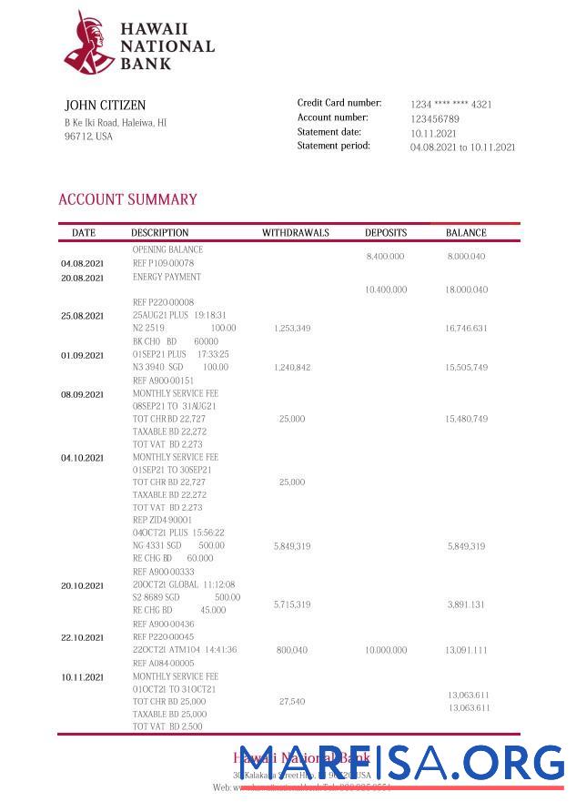 Downloadable Hawaii Hawaii National bank statement word version 2 real example